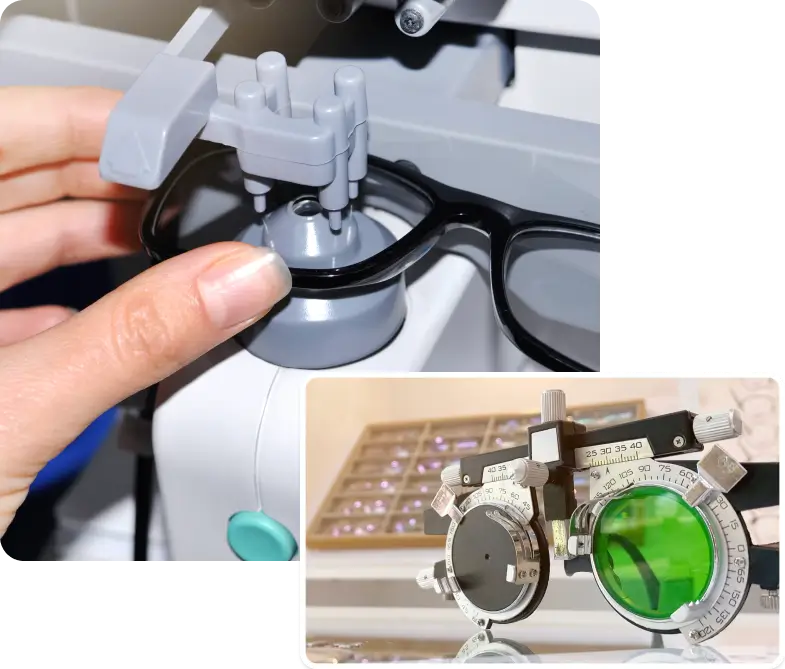 Optometry equipment and lens fitting Close-up of eyeglasses being fitted in a lensometer and a pair of optical trial frames.