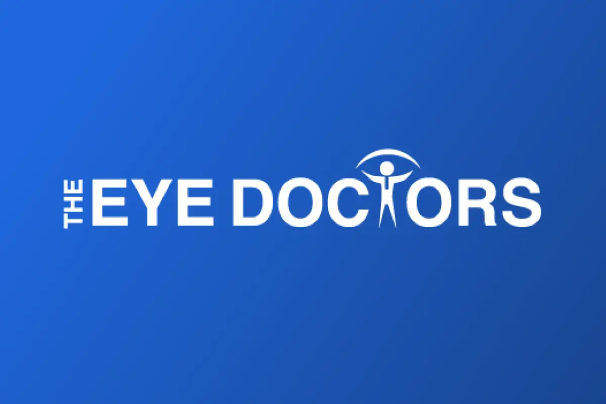The Eye Doctors logo in white text on a blue gradient background